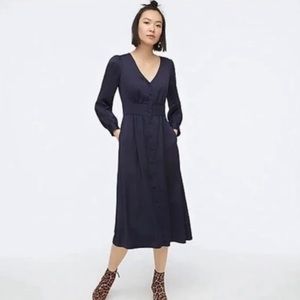 J. Crew Midi Navy Blue Satin Button Down Dress